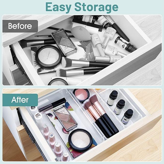 25 PCS Clear Plastic Drawer Organizer Set, 4 Sizes Desk Drawer Divider Organizers and Storage Bins for Makeup, Jewelry, Gadgets for Kitchen, Bedroom, Bathroom, Office Boxes Transparent