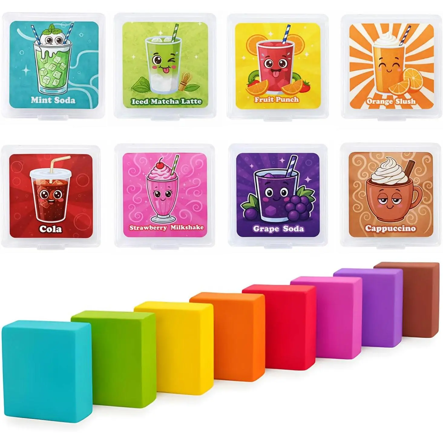Scented Kneaded Erasers, 40 Pack Kneadable Erasers with Plastic Cases, 8 Colors 8 Scents, Moldable Eraser Putty for Drawing Sketching Drafting Writing (Drink-Themed)