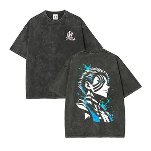 Unisex Plus Size Summer Washed Graphic Tee, Double-Sided Anime Character Silhouette With Blue Splatter & Kanji Chest Print, 100% Cotton Round Neck Casual Oversized T-Shirt, Men Women Y2K Streetwear Top
