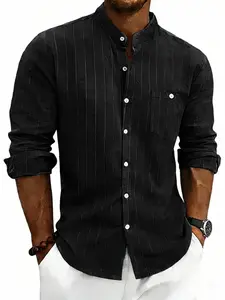 Men's Casual Linen Shirt, Summer & Spring Striped Loose Fit Stand Collar Long Sleeve Pocket, Trendy Commuter Top, All Seasons Wear