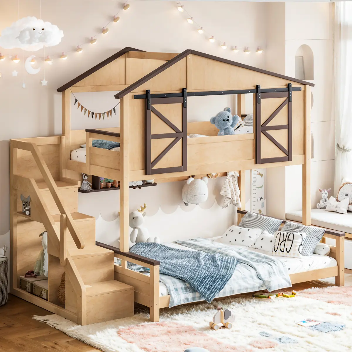 [Bellemave] Twin over Full House Bunk Bed with Storage Stairs and Shelves, Playhouse Bed Frame with Barn Style Sliding Doors, Easy Assembly﻿