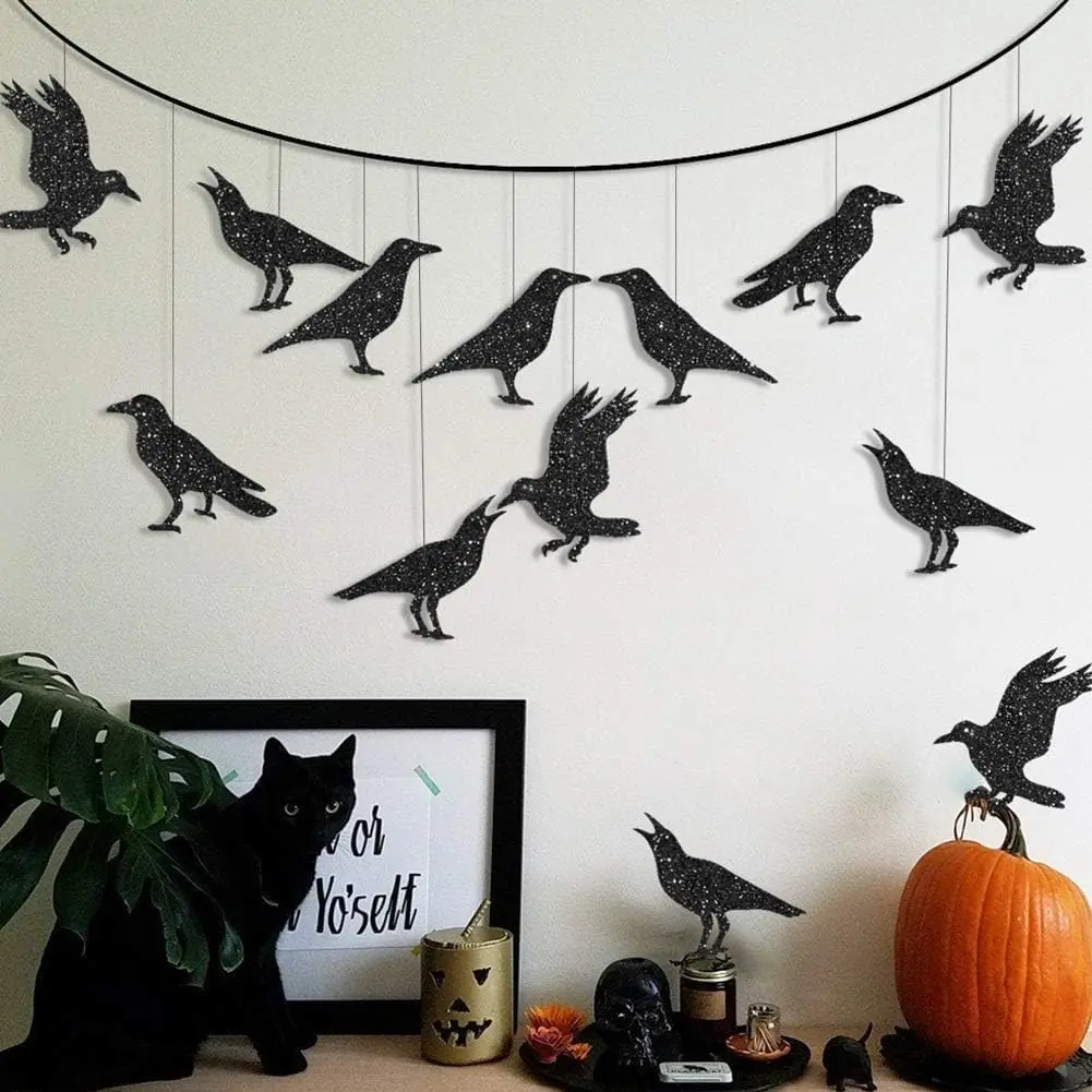 Glitter Black Crow Garland Halloween Decorations for Gothic Gatherings Emo Party Tree  Decoration Bird Raven Banner Decal Backdrop Centerpiece for Theme Birthday Party Supplies