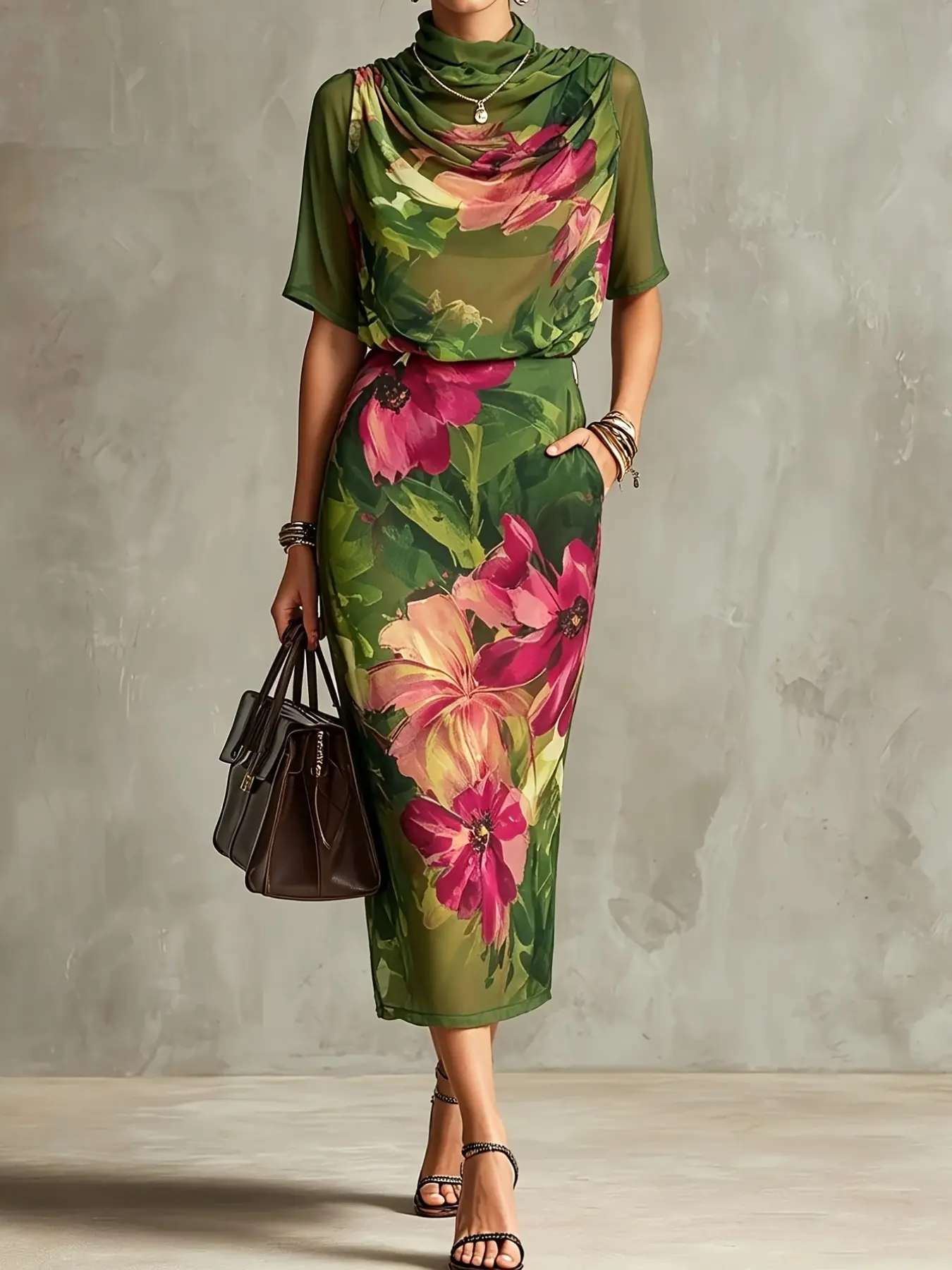 Women's Elegant Floral Cowl Neck Blouse Top and Slim-Fit Midi Skirt Set, Chic Two-Piece Outfit
