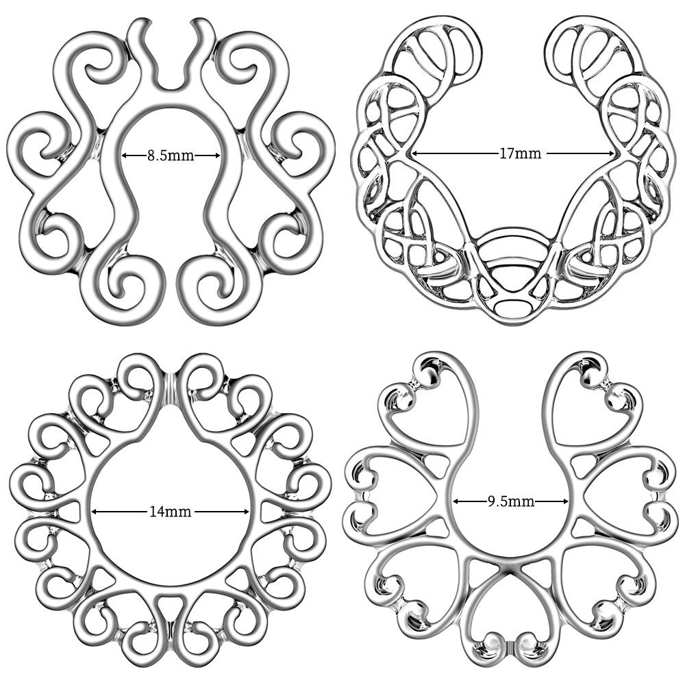 7Pcs 316L Stainless Steel Non-Piercing Septum Clicker Set, Filigree Fake Septum Ring Cuff, Hypoallergenic No Piercing Nose Ring for Women