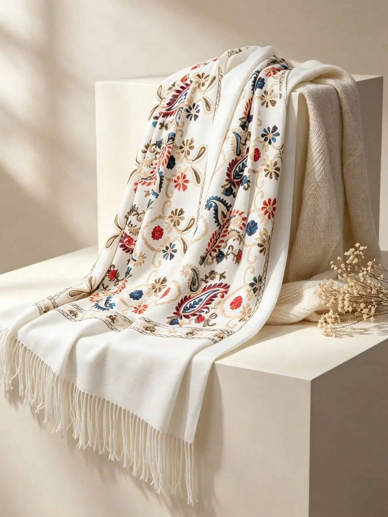 Paisley Floral Embroidered Fringe Scarf, Autumn Winter Warm Faux Cashmere Shawl, Floral Pattern Shawl, Soft and Versatile Outerwear Neck Wrap