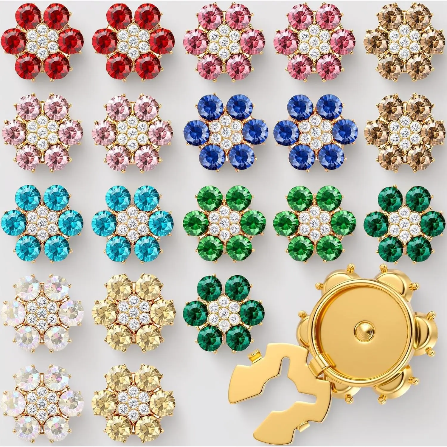 20 Pcs Rhinestone Flower Button Covers for Women Clips Color Sewing Buttons Jewelry Clip Crystal Button for Crafting DIY Clothing (Floral,25 mm)