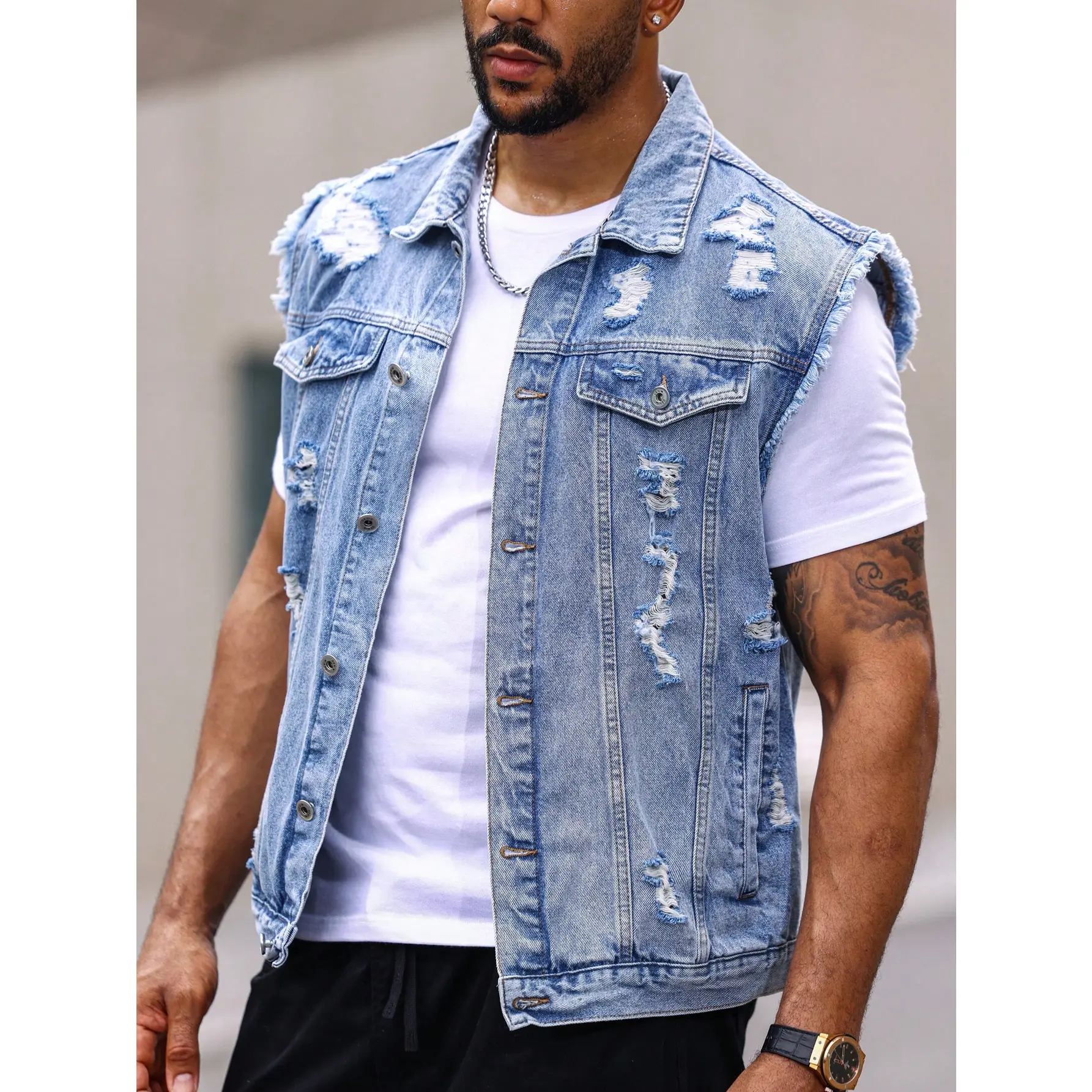 Men's Baggy Ripped Denim Vest Shortsleeveless Jacket,Casual Loose Fit Distressed Jean Vest,Retro Y2K Streetwear Frayed Edge Skater Top,Summer Vintage Light Blue Outfits