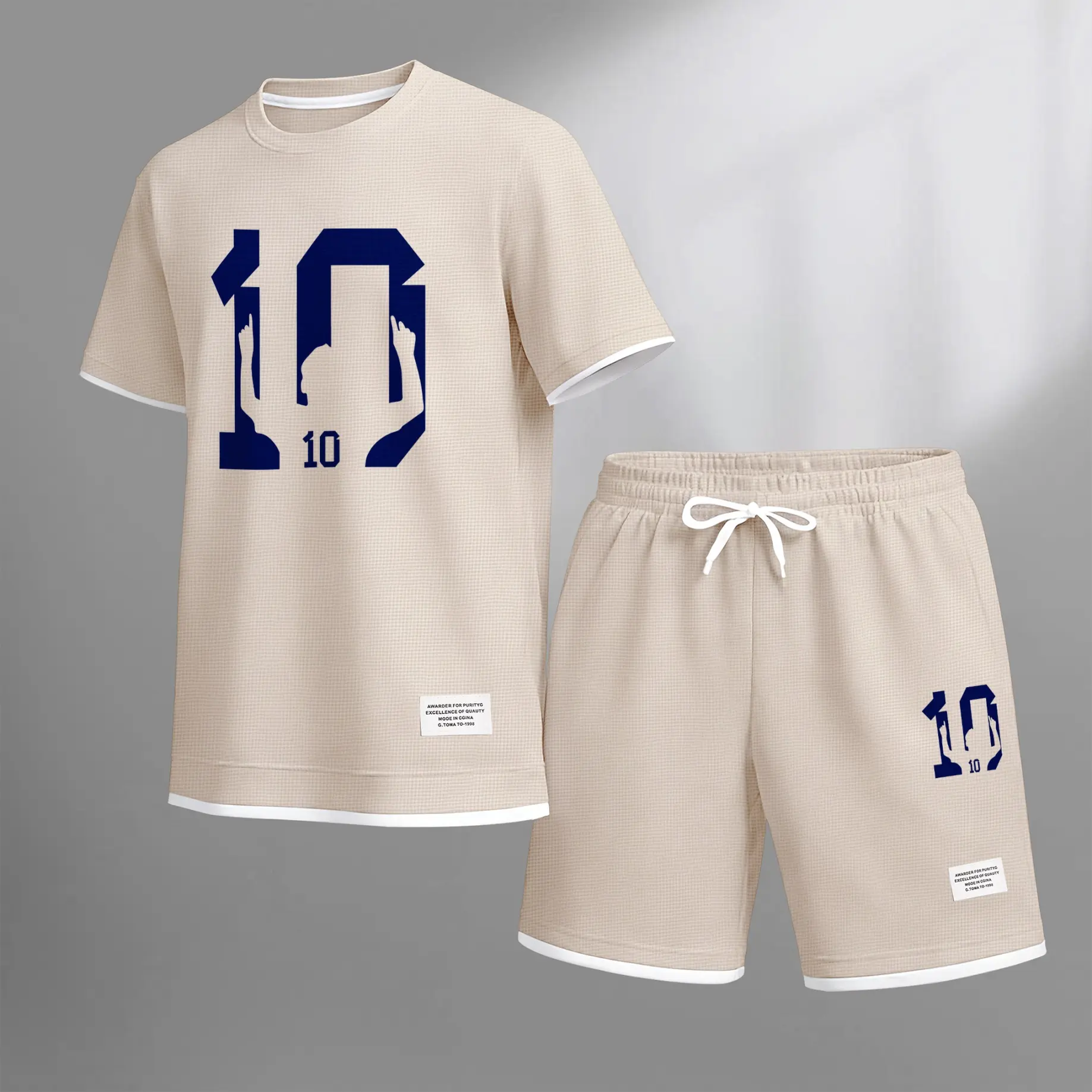 Men’s Soccer Number 10 Silhouette Hand Graphic Short Sleeve Shirt and Shorts Set, Waffle Knit Casual 2 Piece Outfit with Crew Neck Top and Elastic Waist Drawstring Shorts for Streetwear, Gym, Outdoor, Travel and Daily Style