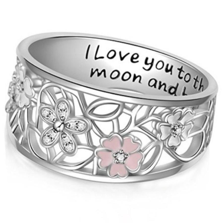 Engraved with love you to the moon and back Epoxy Diamond Lucky Romantic Cherry Blossom Ring Flower Wedding Engagement Eternal Ring
