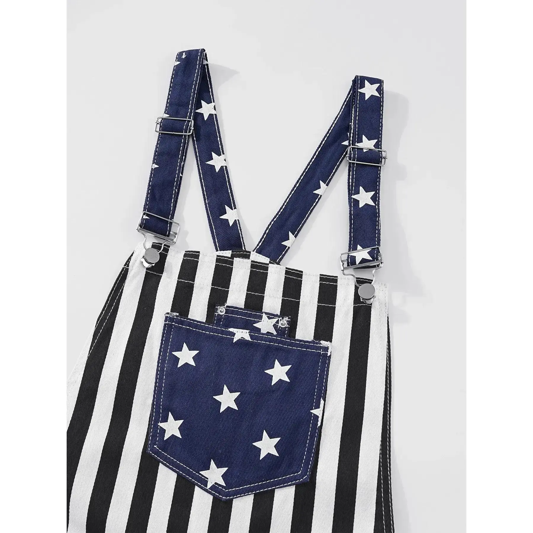 Women's American Flag Element Loose Short Jeans Overalls, Star Striped Print, Adjustable Shoulder Straps, Large Pockets, Casual Style