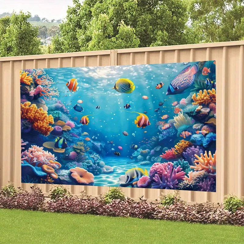 Ocean Underwater Party Backdrop Banner, Colorful Coral Reef & Sea Life Design, 2D Flat Single-Sided Polyester Banner with Metal Grommets, Perfect for Ocean-Themed Birthdays, Summer Parties & Photo Booth Decor
