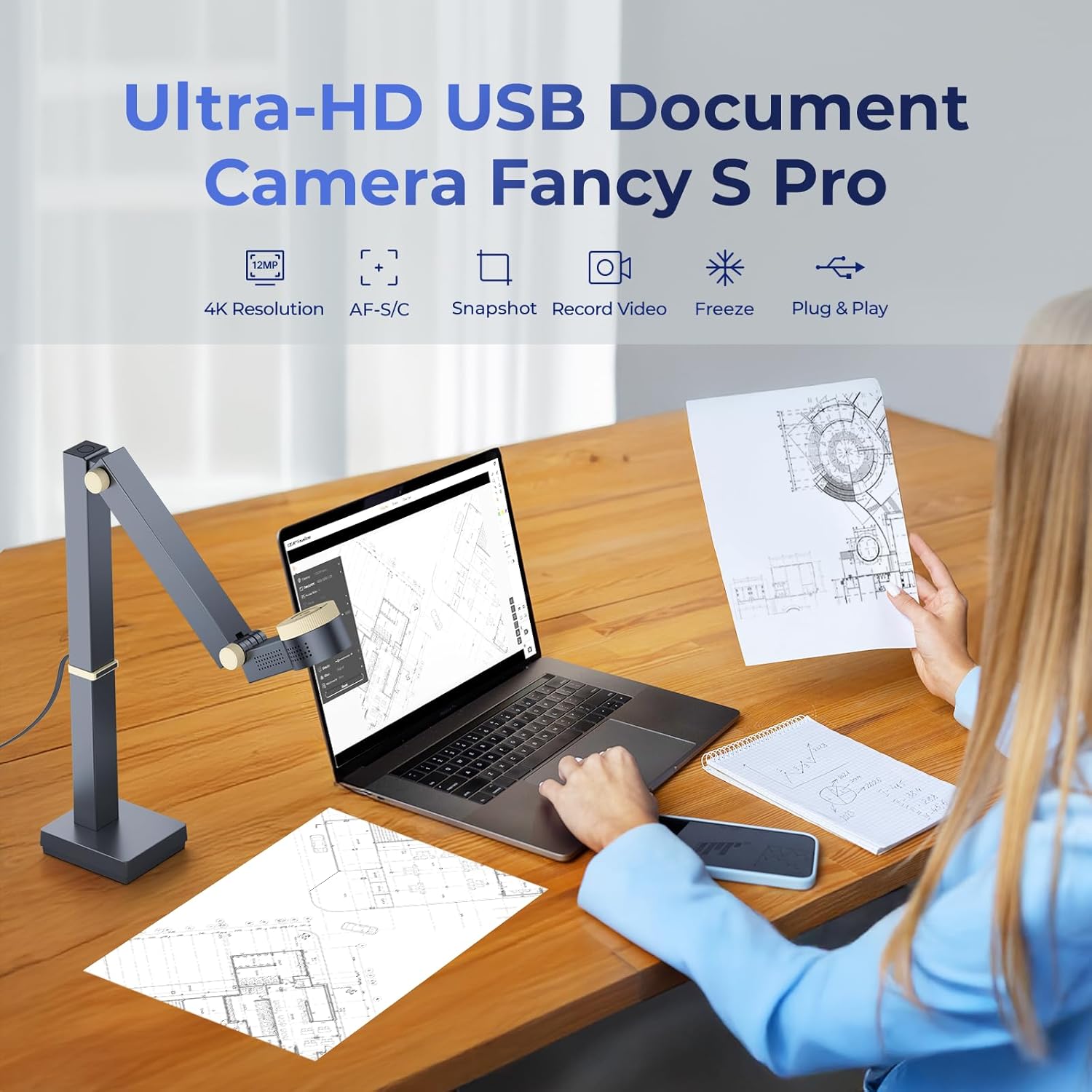 Fancy S Pro 12MP USB Document Camera for Teacher, 4K Webcam with Microphone and LED Light, Up to 60fps, Auto Focus, for Remote Teaching, Live Streaming, Web Conference, for  and Windows