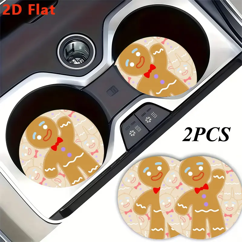 2D Flat,2pcs Cute Gingerbread for Man Print Cup Holder Coaster,Car Interior Decor,Vehicle Accessory,Non-Slip Beverage Mat for Woman and for Man,Universal Drink Mats for Car Interiors,Ideal Halloween,Christmas,Birthday&Daily Gift for Friends., 2D Flat
