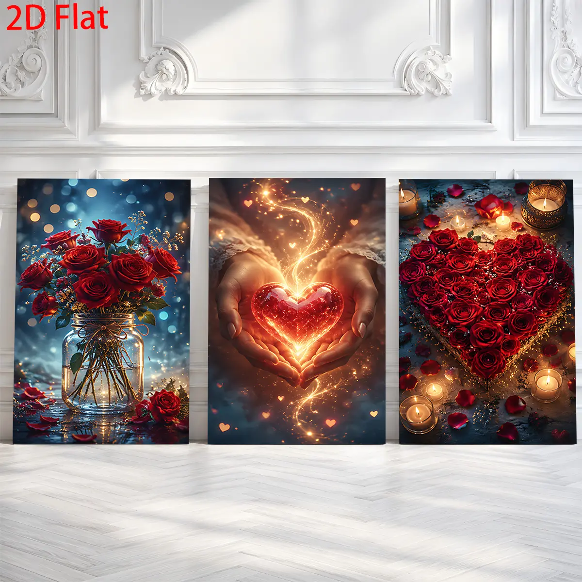 3-piece set of 2D flat artwork - Three 2D flat artworks: Rose in a Jar, Glowing Heart, Hand, Heart, Rose with Candle, themed canvas wall art, waterproof canvas prints, ready to hang, home room decoration gift, suitable for Father's Day, graduation, birthd