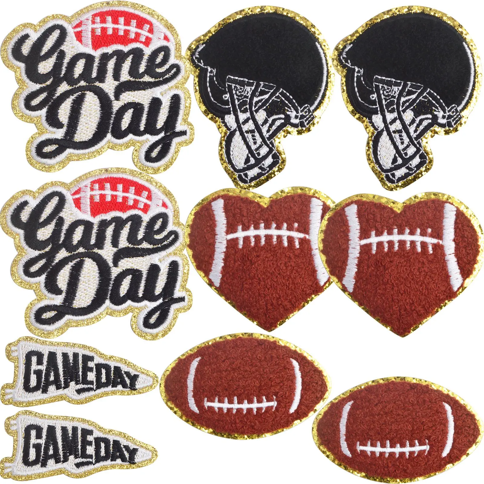 10pcs Game Day Embroidered Iron On Patches Chenille Rugby Football Helmets Logos Embroidery Patch Applique Garments Accessories for DIY Clothing Hat Jacket Backpack Decor, 5 Styles