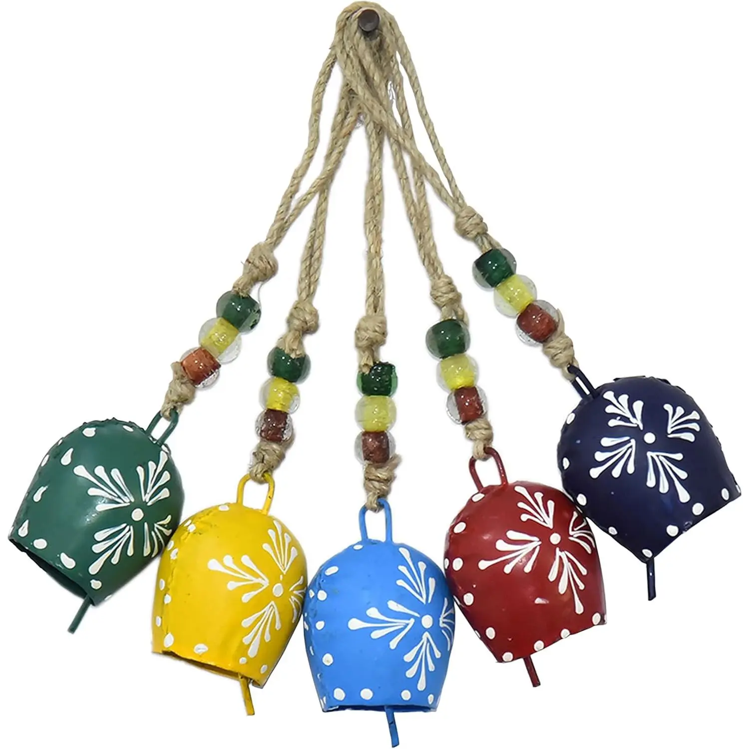 Bells – Set of 5 (7cm) Cow Bells with Rope & Beads – Hand-Painted Vintage Bells for Farmhouse, Boho Wall Decor, Witch Bells, Christmas Ornaments &