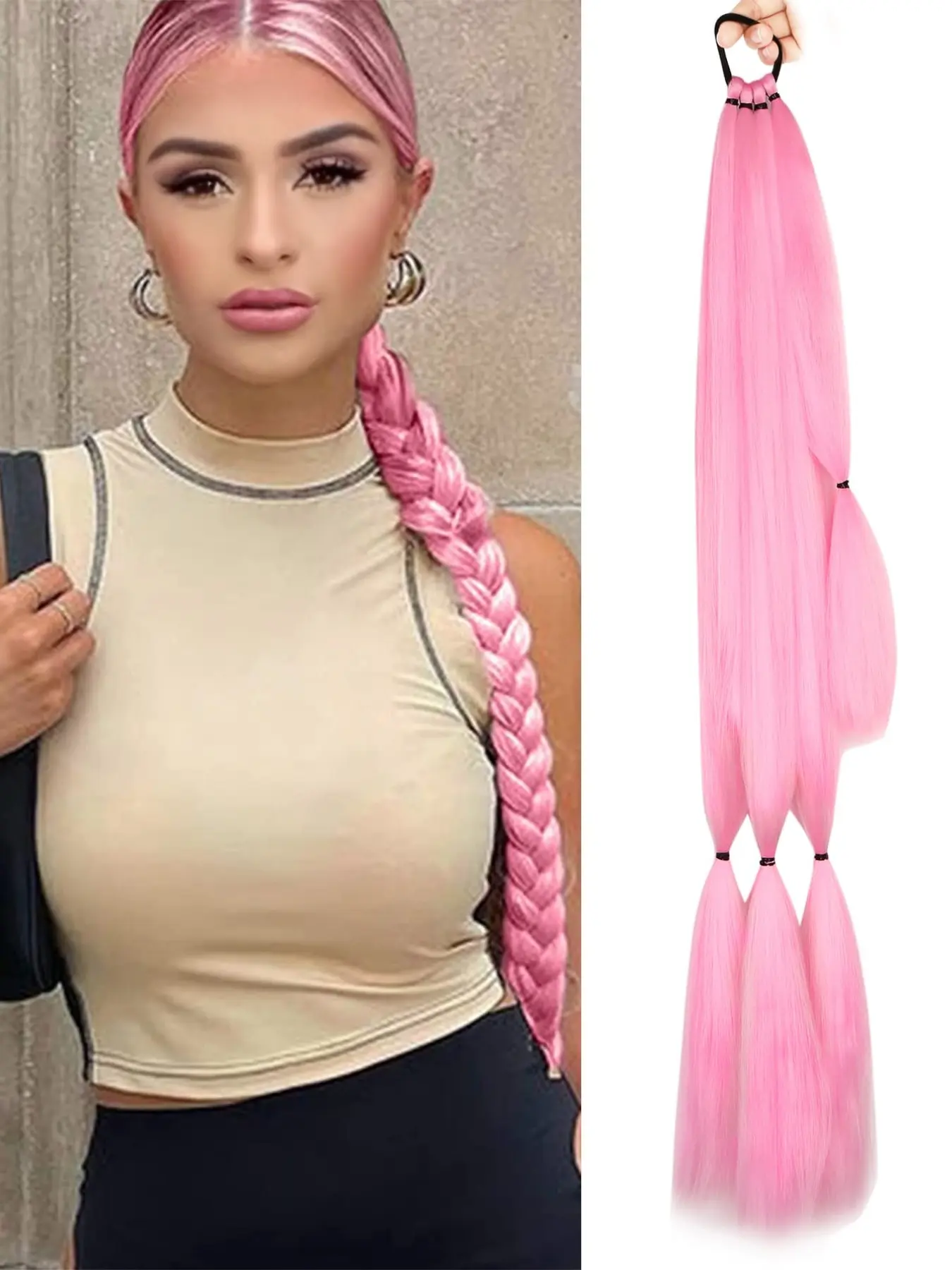 26/30/34 Inch Synthetic Long Braid Ponytail Extension Hair Tie Straight Sleek Wrap Around Hair Extensions Braiding Ponytail Fluffy Natural Soft Pink Color synthetic fiber Hairpieces for Women Daily Party Halloween And Christmas Wear