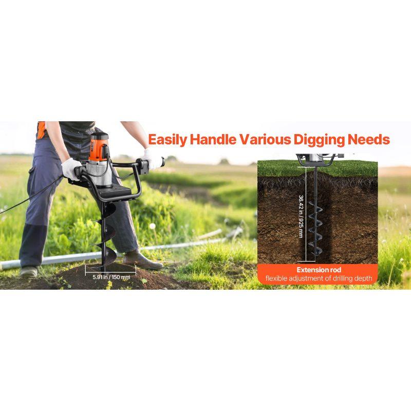 VEVOR Electric Post Hole Digger, 5.71 in Auger Bit with 1500W Powerful Motor, 140 RPM Alloy Steel Earth Auger Drill Bit with 10.24 in Extension Rod, for Post Hole Digging, Drilling Tree Planting VEVOR Electric Post Hole Digger, 5.71 in Auger Bit with 1500W Powerful Motor, 140 RPM Alloy Steel Earth Auger Drill Bit with 10.24 in Extension Rod, for Post Hole Digging, Drilling Tree Planting