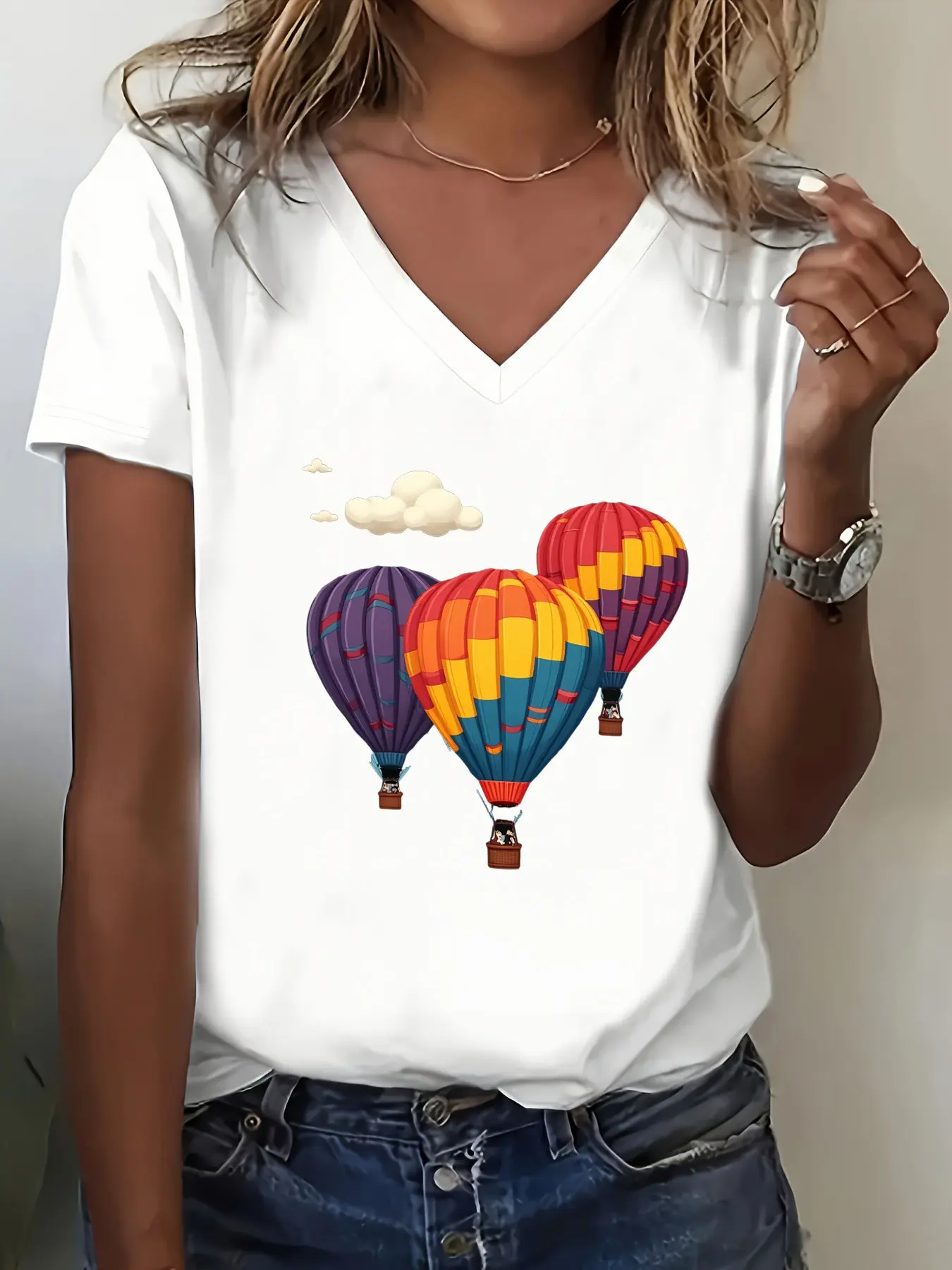 Colorful Hot Air Balloons V Neck Women's T-Shirt, Casual Short Sleeve Fitted Tee, All Seasons, Perfect for Daily Wear and Travel