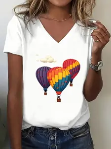 Colorful Hot Air Balloons V Neck Women's T-Shirt, Casual Short Sleeve Fitted Tee, All Seasons, Perfect for Daily Wear and Travel