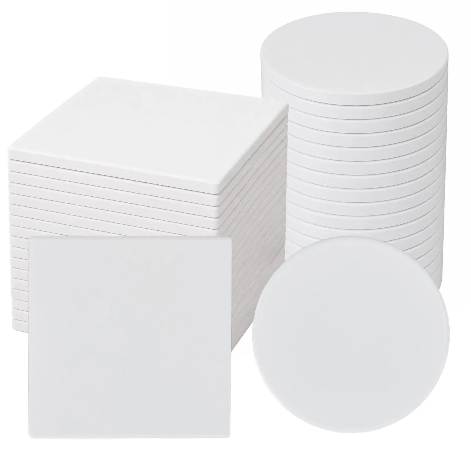 Glossy Blank Ceramic Tiles for Crafts – 36 Pieces (18 Round 10.3cm & 18 Square 10cm), High-Quality White Bisque, Smooth Glazed Surface, Durable for DIY Art, Alcohol Ink, Heat Transfer – Ideal for Painting and Sublimation Projects