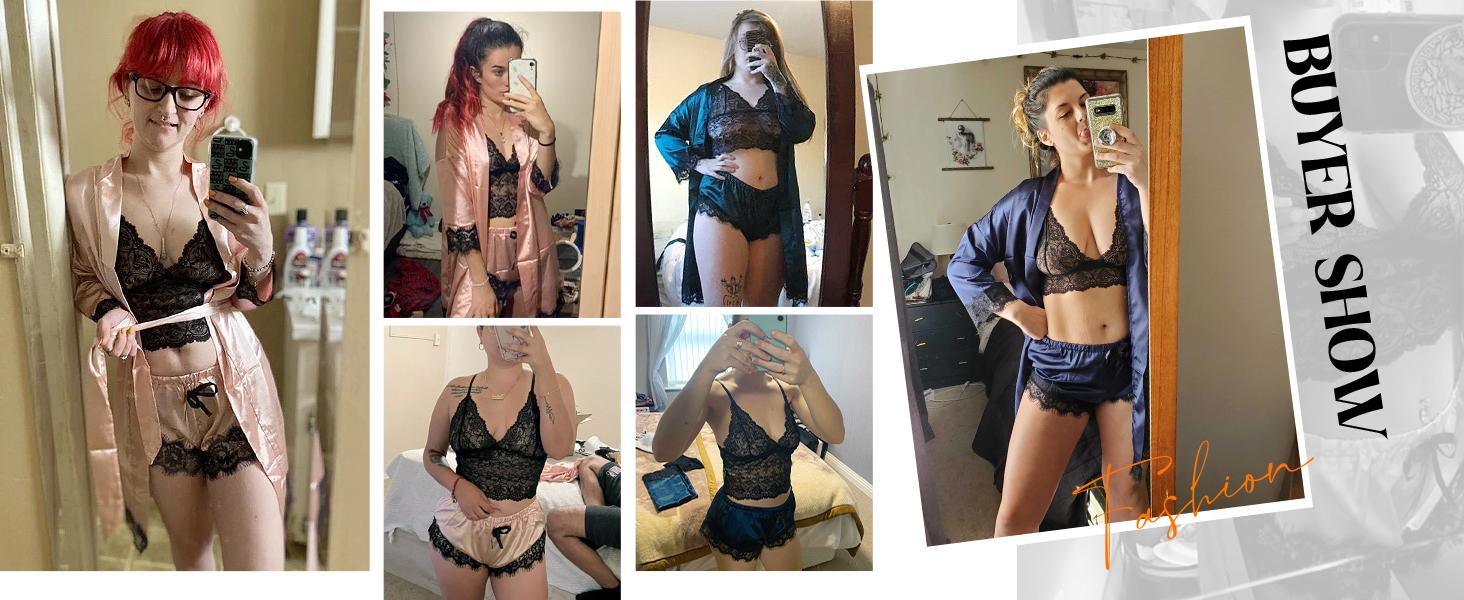 Women's 4-Piece Silk Satin Bridal Honeymoon Sleepwear Set, Floral Lace Cami with Robe