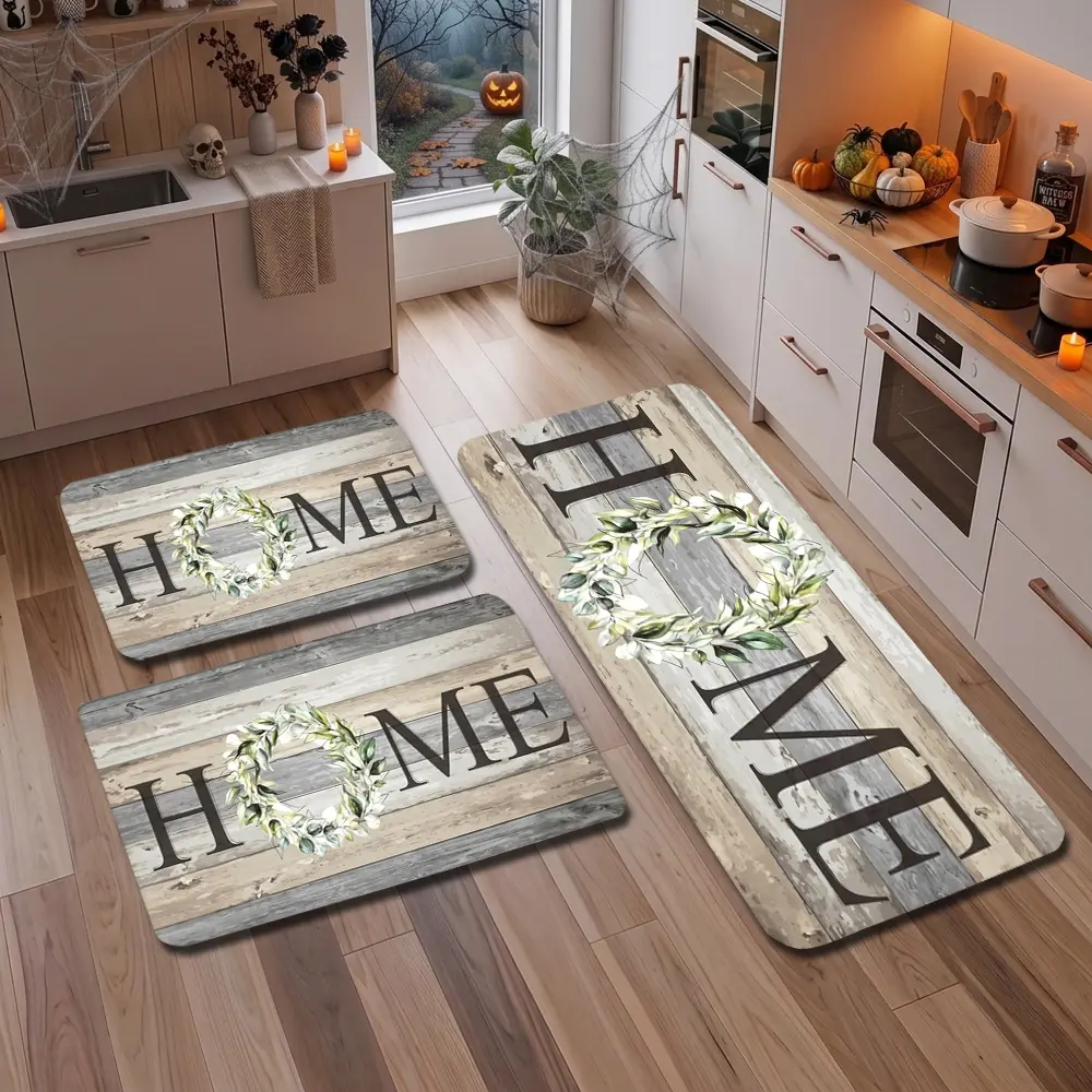 Farmhouse-style kitchen rug set (two pieces), non-slip, washable, soft mat | Diatomaceous earth rug set, wipeable rubber mat, suitable for kitchens, hallways, sinks, and laundry rooms.