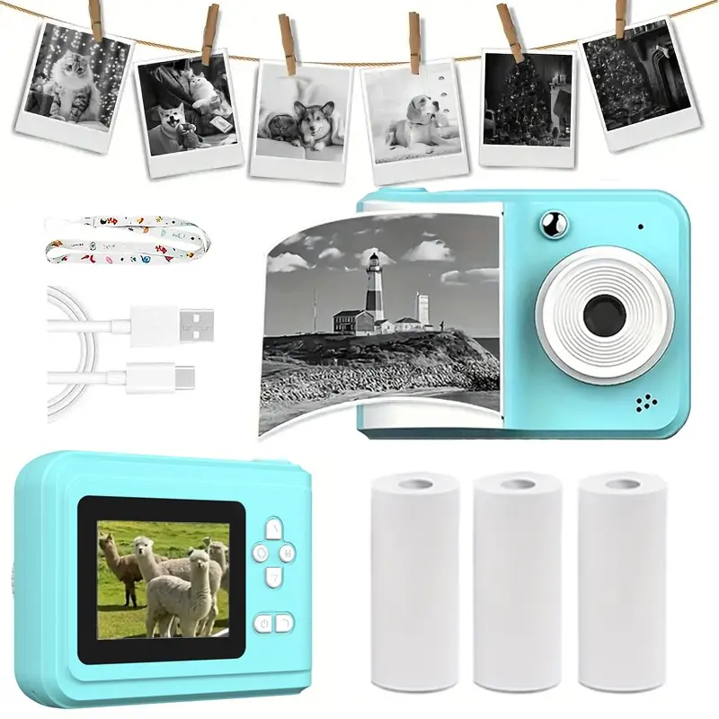 Portable Mini Photo Printer with Mp3 Player, Includes Paper Rolls, Multiple Shooting Modes, Ideal Gift for Creative Fun