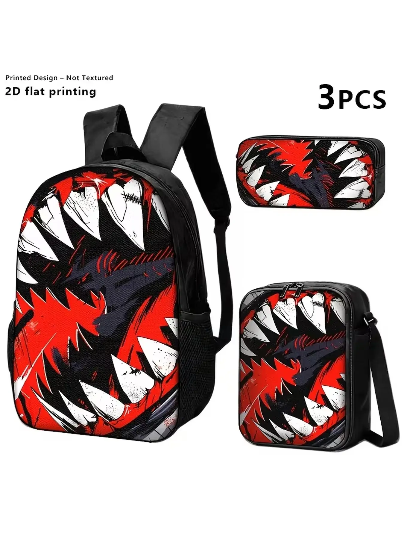 Cool Graffiti Monster Sharp Teeth 3PCS Backpack Set, Kids School Bag with Lunch Bag & Pencil Case, Perfect Christmas Gift & Back to School Gift for Boys Students