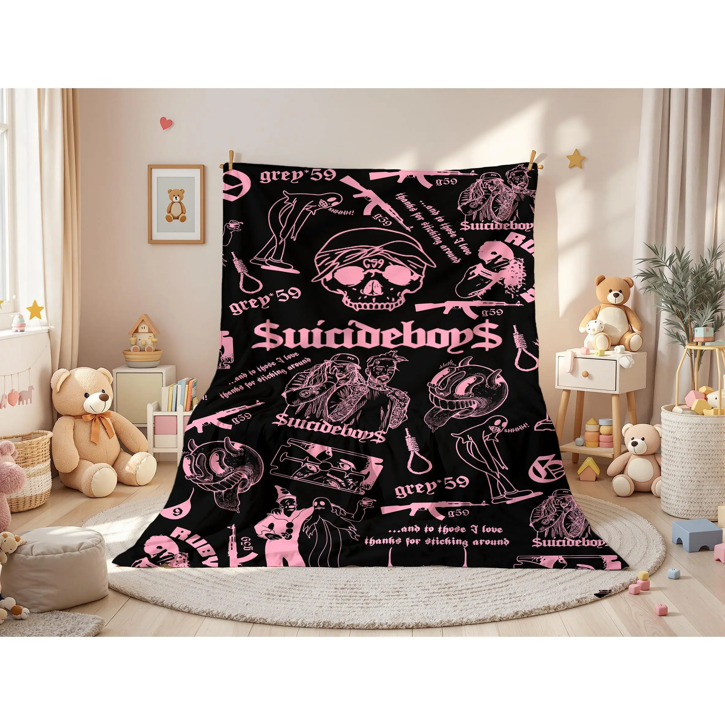 Retro Punk Full Wrap Print Blanket Premium Soft Fleece Pink Black Horror Skull Clown Art Blanket Versatile For Sofa Nap Camping Fan Collectible Present