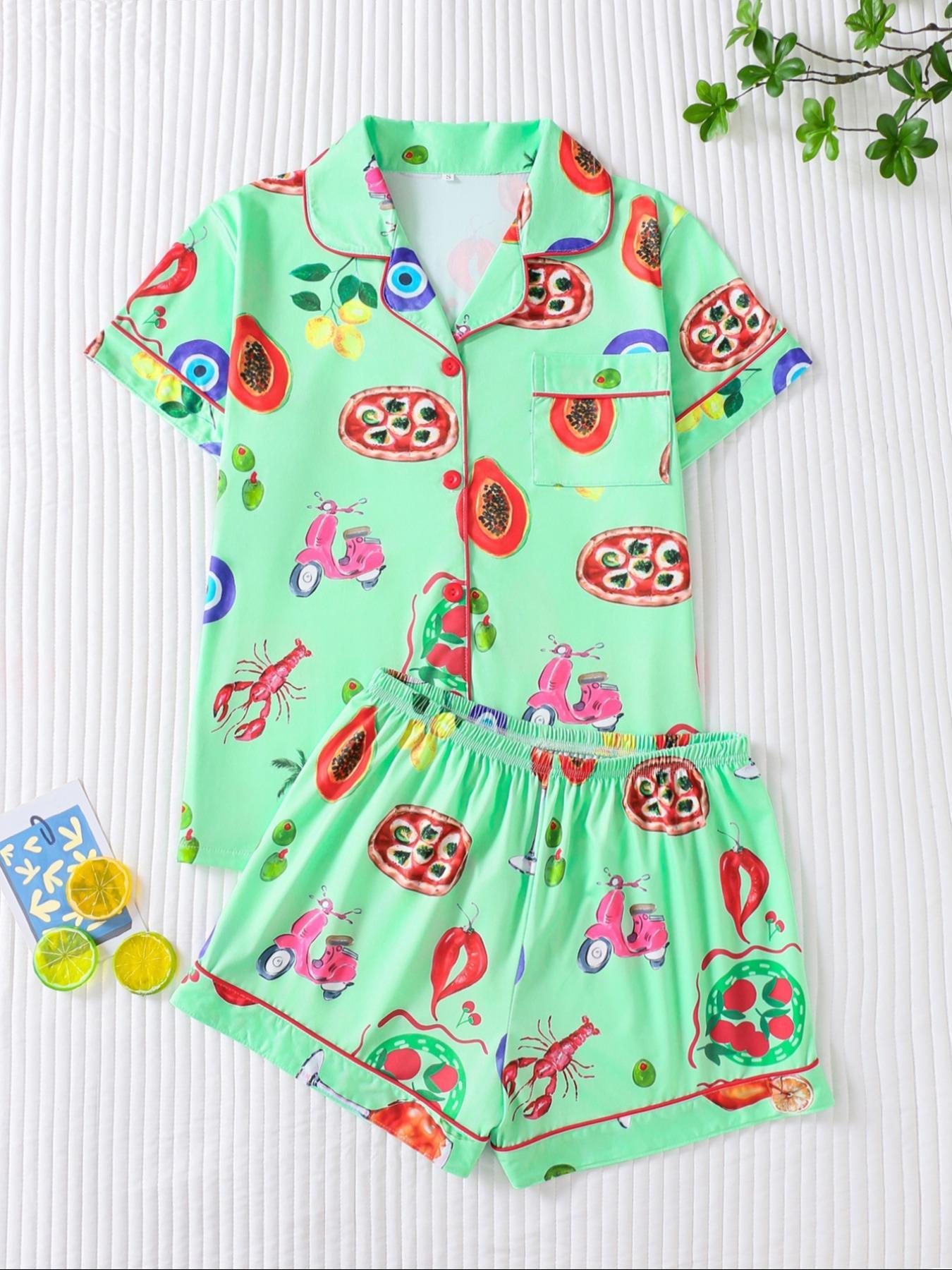 Women's Fruit Print Shirt & Elastic Waist Shorts Pyjama Two-piece Set, Casual Comfy Short Sleeve Top & Shorts PJ Set, Matching PJ Set, Ladies Sleepwear for All Seasons