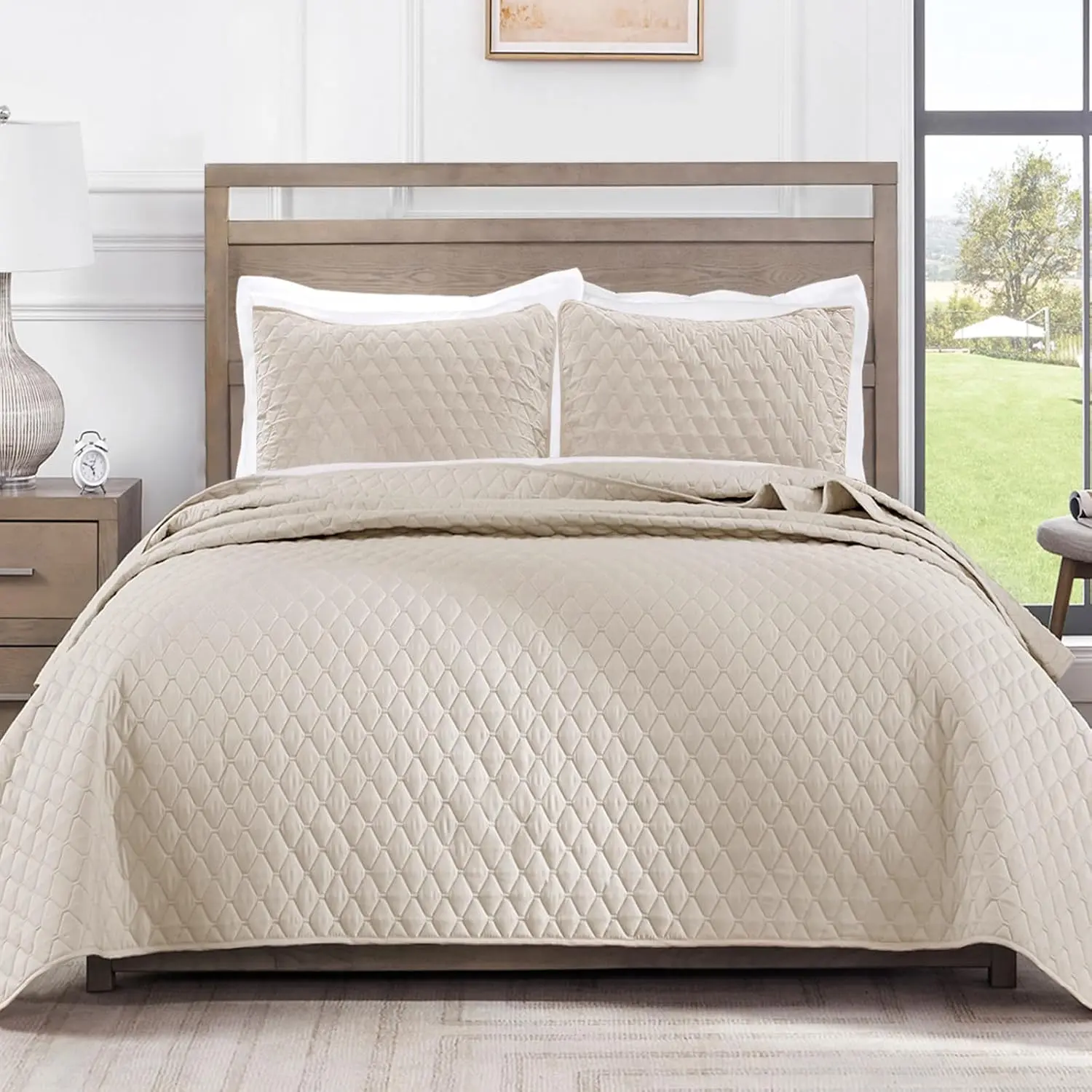 Reversible Full Queen Bedding Set with Pillow Shams, Lightweight Queen Size, Soft Bedspreads Bed Coverlets for All - (Brich Beige, 90"x96")