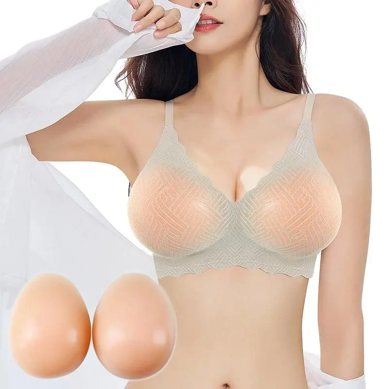 Silicone Fake Chest Underwear 2-in-1 Small Chest Display Big Chest Mat Women's Wireless Lace Push Up Bra