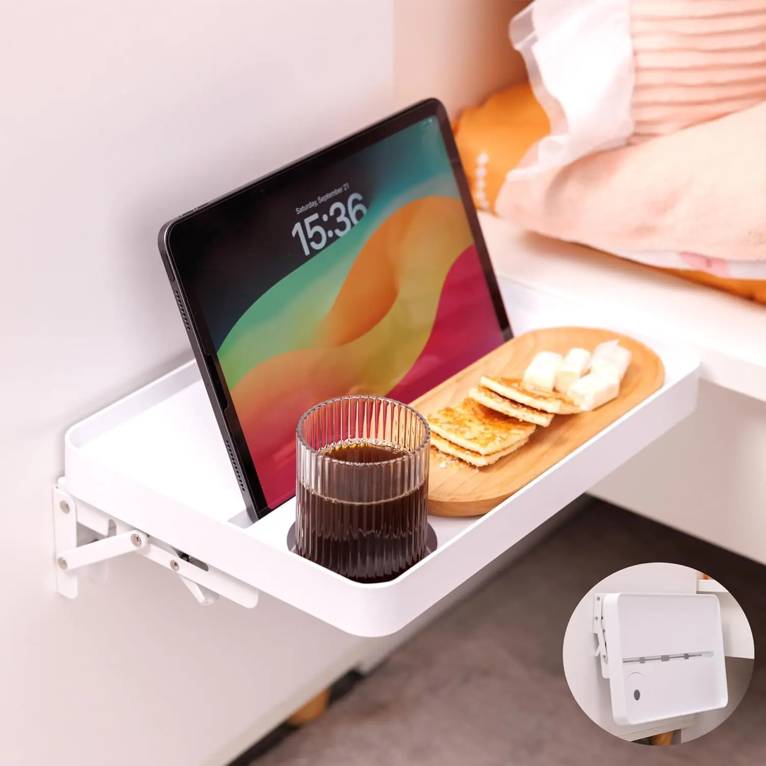 KIWIFOTOS 12.9" Plastic Floating Bedside Shelf, Foldable Wall-Mounted Adhesive Organiser for Tablet, Phone Storage - Home Decor Shelf for Bedroom (Great Gift Option), Bedside Shelf 12.9\