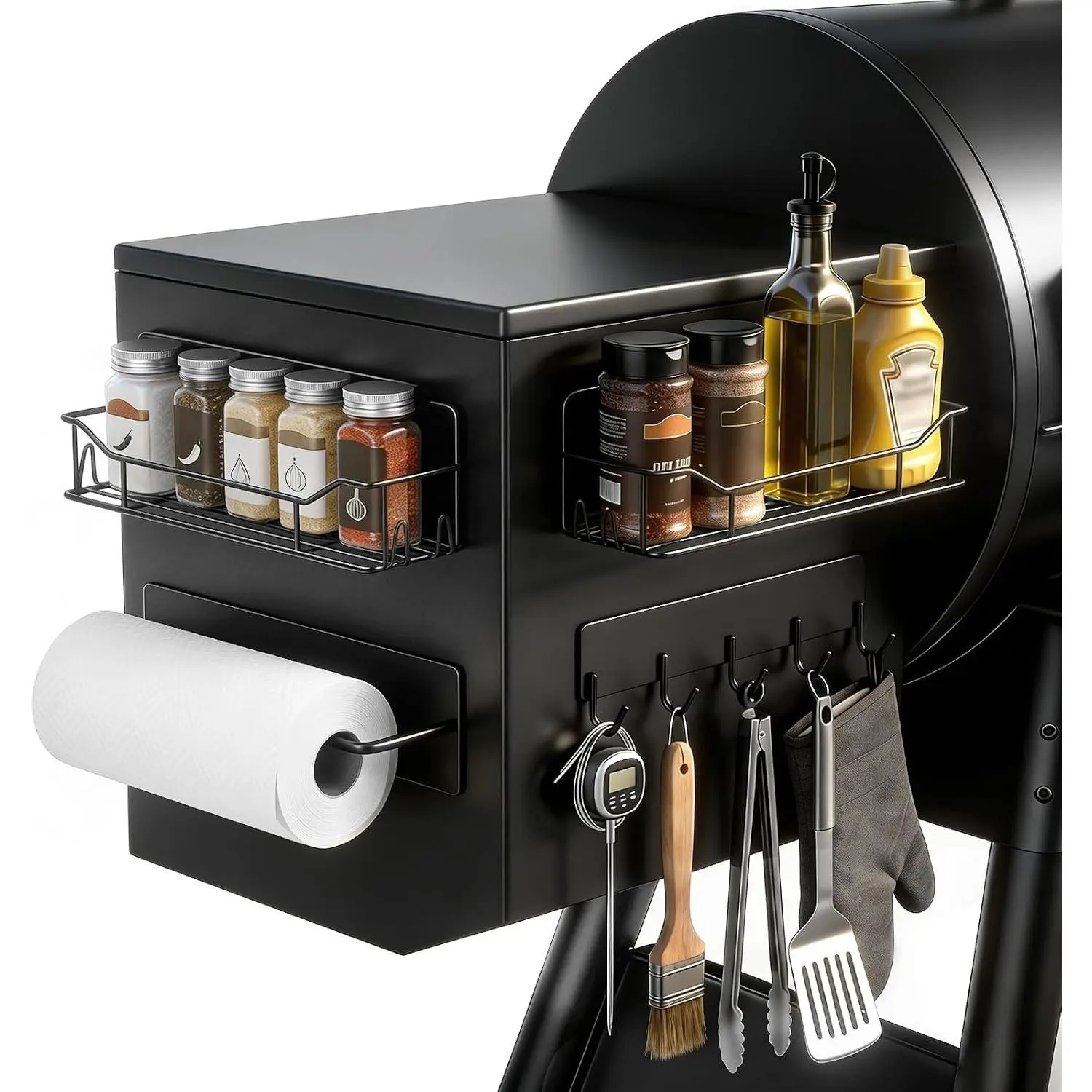 Magnetic Grill Caddy with Bins, BBQ Tool Organizer with Paper Towel Holder | Magnetic Grill Organizer, Magnetic Storage Rack, Fits Most Metal Gas Grills, Pellet Grills & Smokers