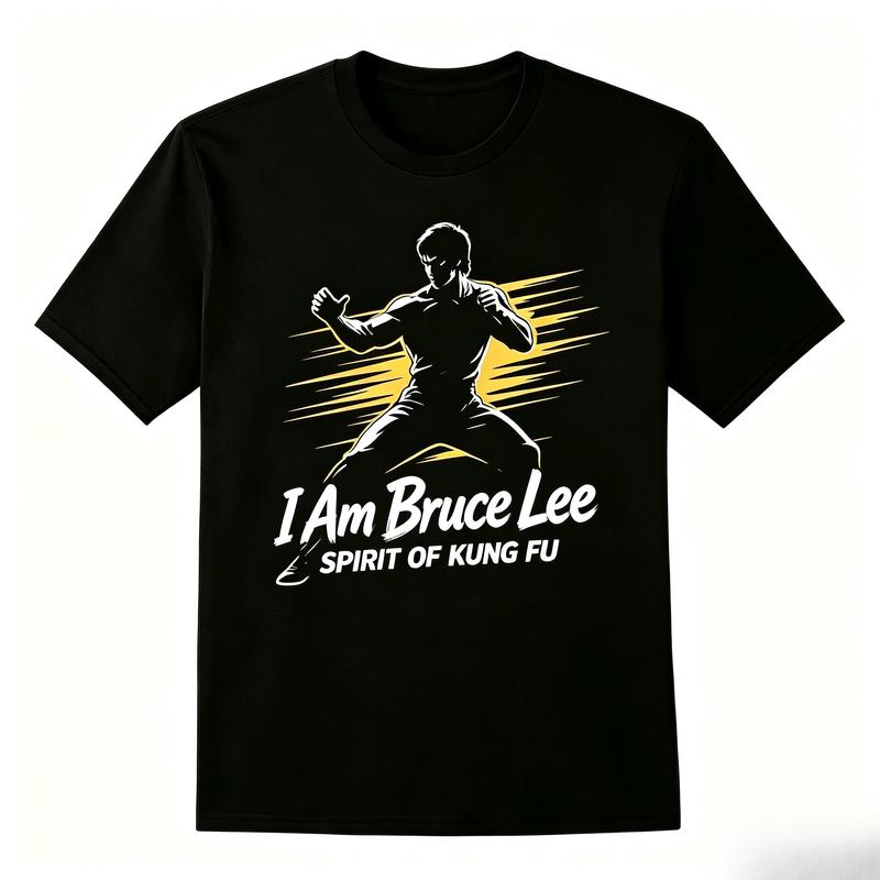 Men’s Soft Bruce Lee Graphic Printed Tee - Fitted Cut Short-Sleeve Cotton Crewneck, Lightweight Kung Fu Vintage Sports Top, Casual Wear, Gift for Enthusiasts, S-5XL Black/White