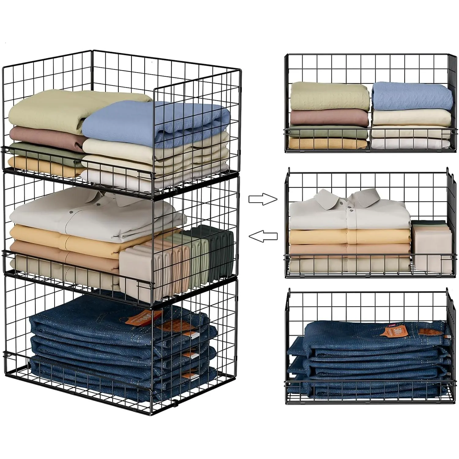 3-Tier Stackable Closet Organizers and Storage Shelves, Foldable Closet Shelf Organizer, Stackable Storage Bins Drawers for Closet Organizer System, Black( No. 30022416)