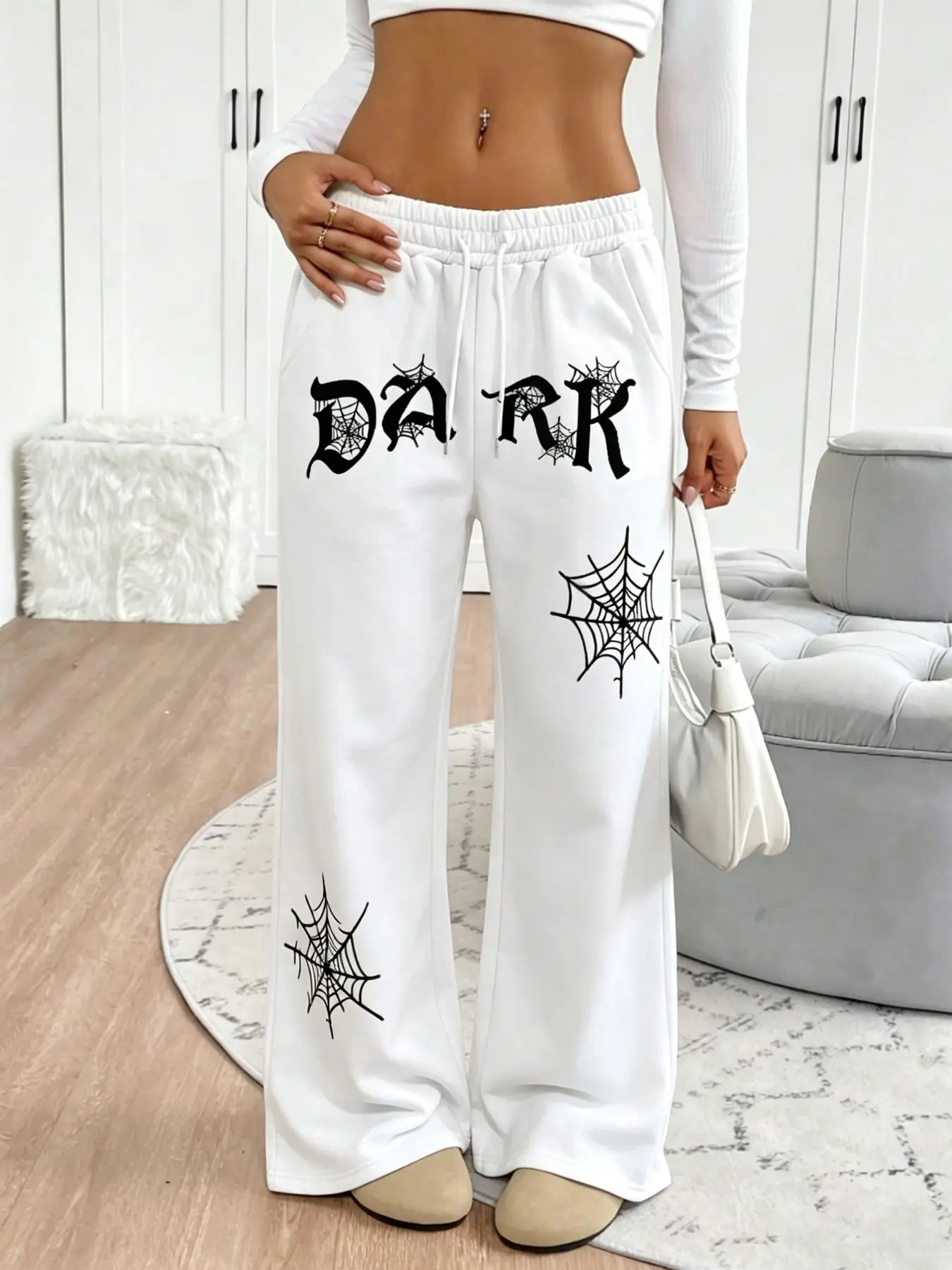 Zavity Red Spider Web Dark Letter Graphic Sweatpants, Elastic Drawstring Waist Wide Leg Loose Fit Pants, Grunge Goth Y2K Streetwear, Trendy for Street Shoot Hangout Club Party Daily Going‑Out Graphic Sweatpants