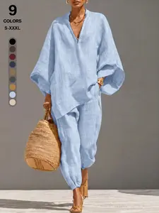 Women 2 Piece Set, Stand Collar Half Zip Tunic Top, Batwing Sleeve Jogger Pants, Lightweight Breathable Fabric, Side Pockets