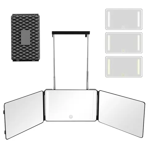 3 Way Mirror with LED Lights & 360° View, Trifold Barber Mirror for Self Haircut, Shaving & Braiding, Portable Travel Design, Adjustable Led Mirror, Lighted Mirror, Light Up Mirror, Three Fold Mirror, Led Lit Mirror, Illuminated Mirror