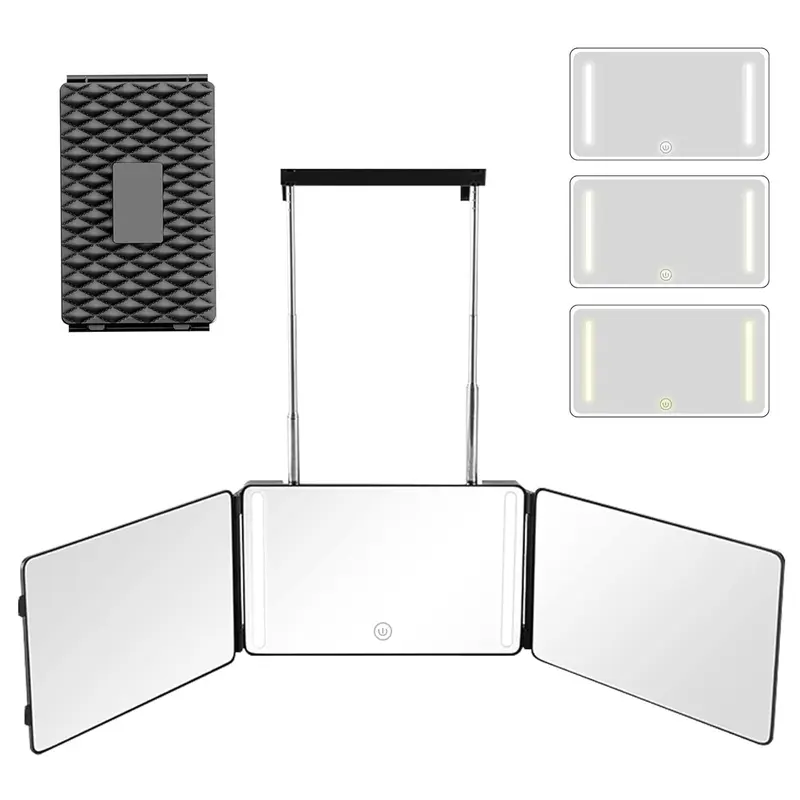 3 Way Mirror with LED Lights & 360° View, Trifold Barber Mirror for Self Haircut, Shaving & Braiding, Portable Travel Design, Adjustable Led Mirror, Lighted Mirror, Light Up Mirror, Three Fold Mirror, Led Lit Mirror, Illuminated Mirror