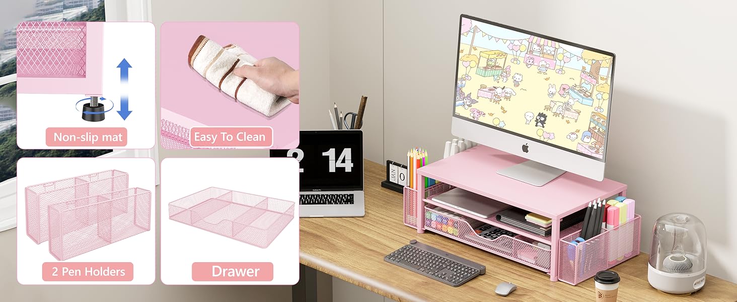 Desk Organizers and Accessories, 2-Tier Computer Monitor Stand Riser with Drawer and 2 Pen Holders, Laptop Stand, Office Desk Accessories & Office Decor for Women, Pink : Electronics