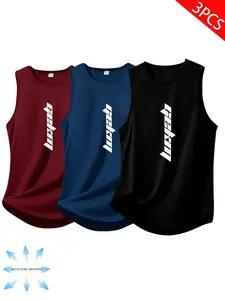 3-Pack Men's Lightweight Round Neck T-Shirts, Letter Print, Quick-Dry Breathable, Moisture-Wicking, Summer Casual Shirts, Sporty Style