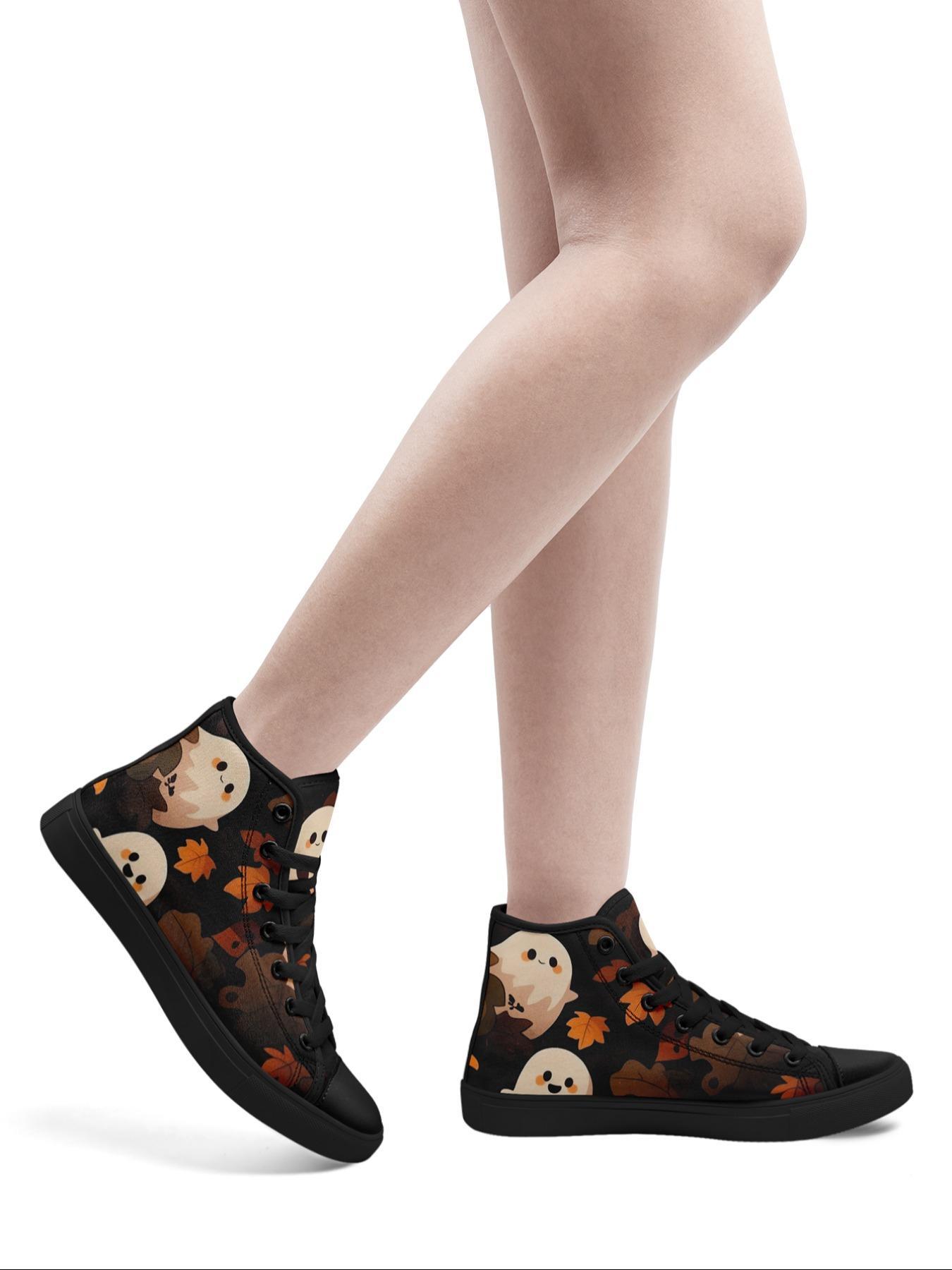 Women's Halloween Themed Lace Up Sneakers, Cartoon Ghost/Skull & Floral & Butterfly Print High Top Canvas Shoes, Casual Comfortable Lightweight Athletic Sports Shoes for Daily Wear