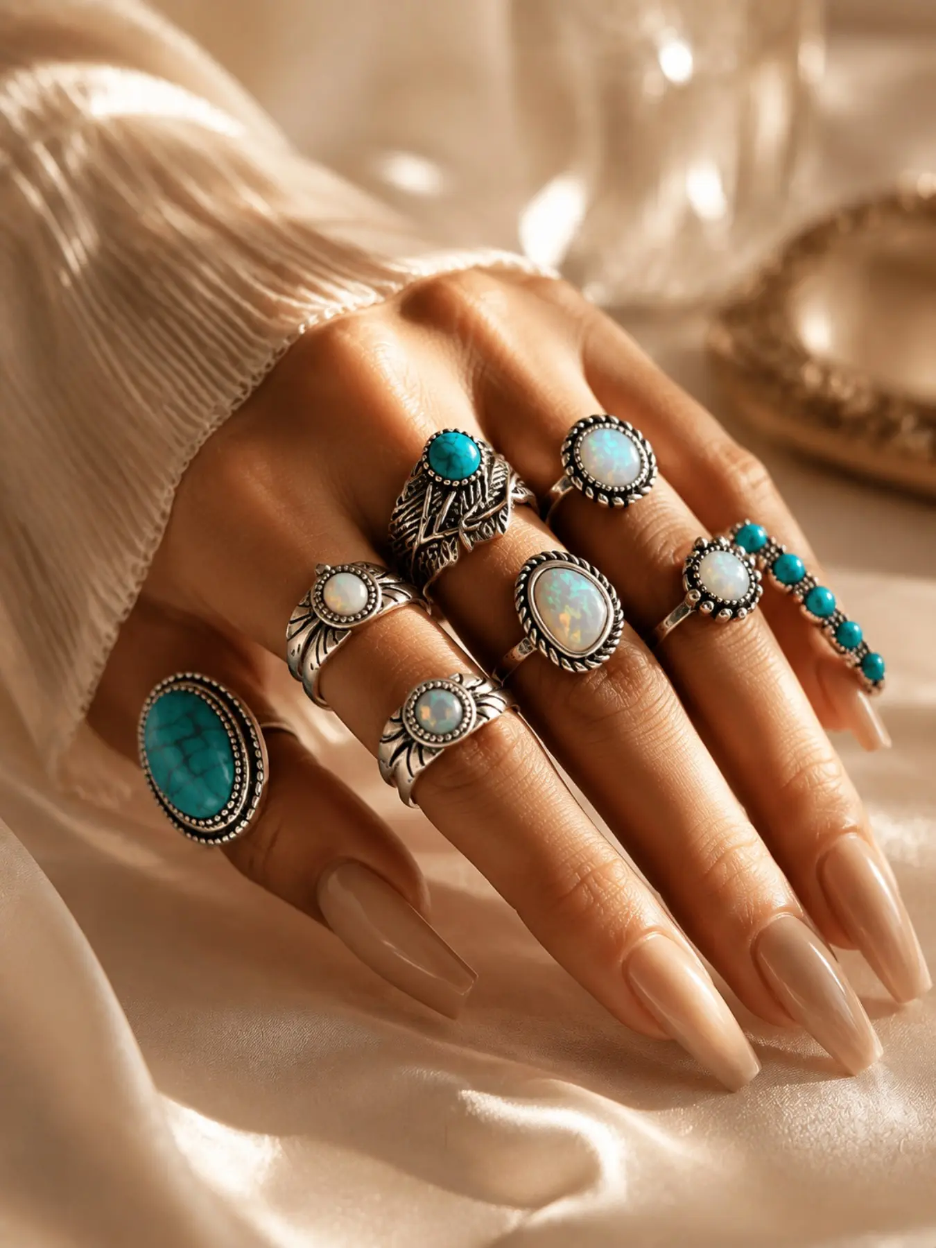 Western Boho Vintage Silver Color Turquoise Opal Stackable Ring Set, Southwest Cowboy Jewelry for Women, All Seasons Wear
