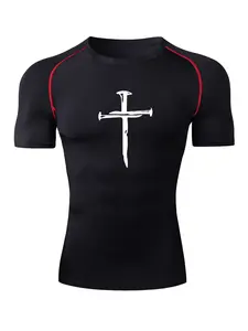 Men's Nail Cross Print Short Sleeve Compression Shirt, Gym Workout Fitness Running T-Shirt Tees, Tight-Fitting Sporty Rash Guard Baselayers Undershirts, Summer Quick-Dry Breathable Round Neck Shirt, Compression Sports Tee, Fitness Top