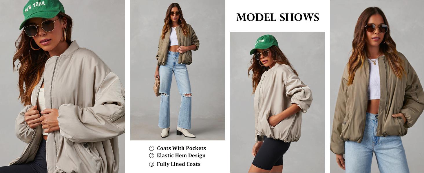 Danedvi Womens Zip Up Bomber Jacket Oversized Fashion Casual Fully Lined Winter Coats With Pockets