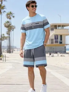 New Men's Paris-Inspired Striped Gradient Aesthetic Casual Vibe Round Neck T-Shirt Set, Short Sleeve T-Shirt and Shorts Matching Two-Piece Set, Summer Vacation