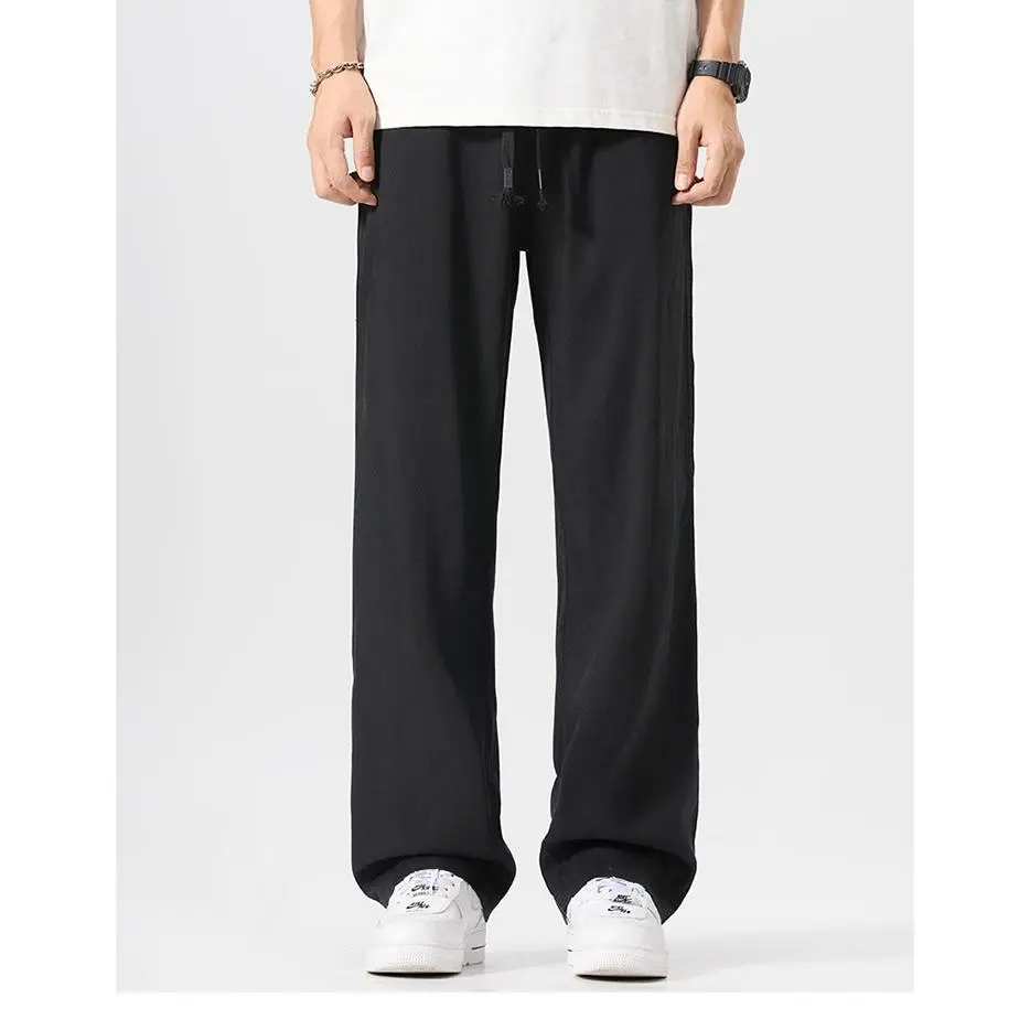 Men's Wide-Leg Tencel Jeans, Solid Color Breathable Pants with an Elastic Drawstring Waist and Drapey Look for Summer, Menswear, Plain, Long Pants, Wide-Leg Cut, Breathable Tencel, Draped, M, Straight Pants
