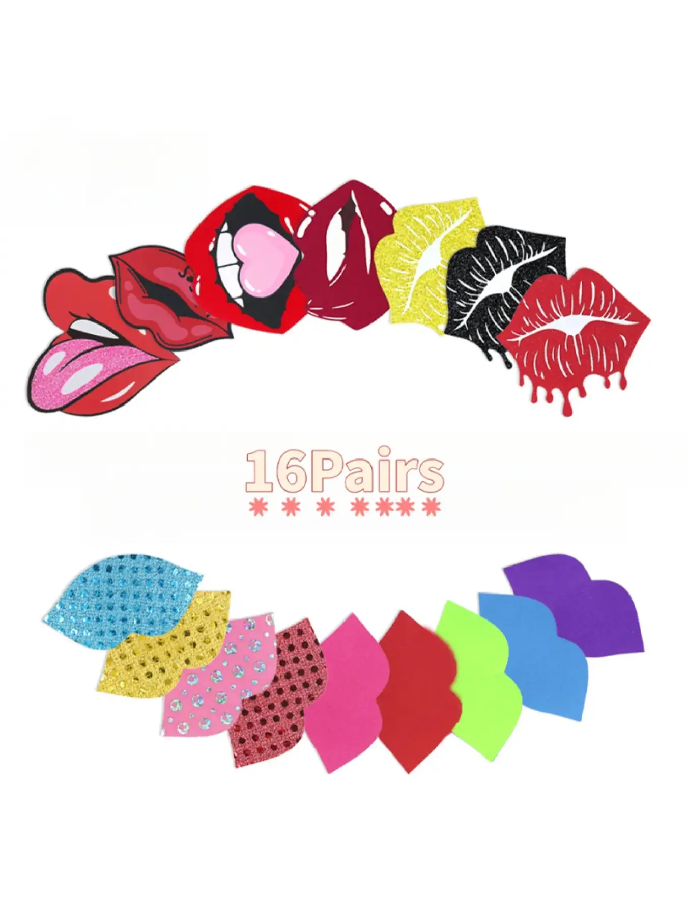 16 pairs of glitter glossy lip gloss stickers self-adhesive stickers black base red lip print kisses areola stickers seamless female disposable cover stickers